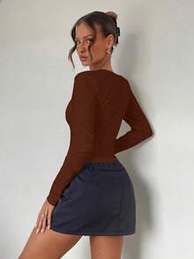 Almamuse Niche Design Fitted Long Sleeve Square Collar Shirt - Coffee Brown - View 2