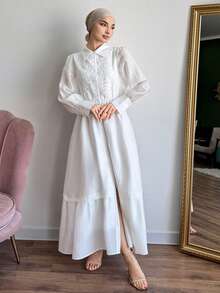 DAZY Robe chemise blanche à empiècement en dentelle, style mode décontractée et bureau, pour le printemps et l'été. Robe longue et ample, robe d'été pour femmes - Blanc - Voir 10