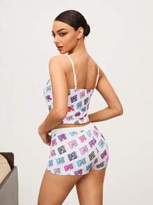 MTV | SHEIN 女士夏季字母图案吊带背心和短裤睡衣套装 - 白色 - 查看 2