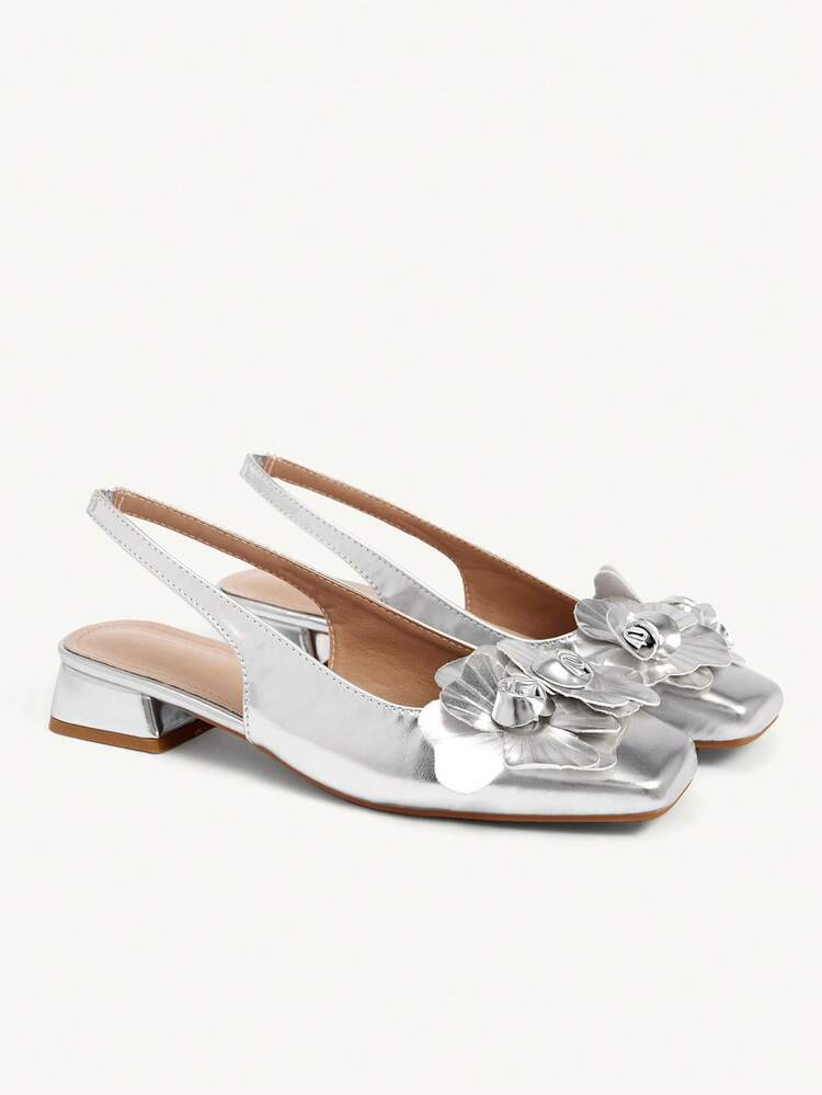 CUCCOO CHICEST Women Shoes Fashionable Silver Three-Dimensional Flower Back Strap Low Heel Square Toe Commuter Versatile Party Vacation Women Flat Shoes Slingback Shoes Valentine's Day Elegant Shoes Wedding Shoes Summer Shoes Bride Shoes
