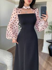Feyla 女士蝴蝶结印花撞色优雅复古长袖中长连衣裙 - 彩色 - 查看 7
