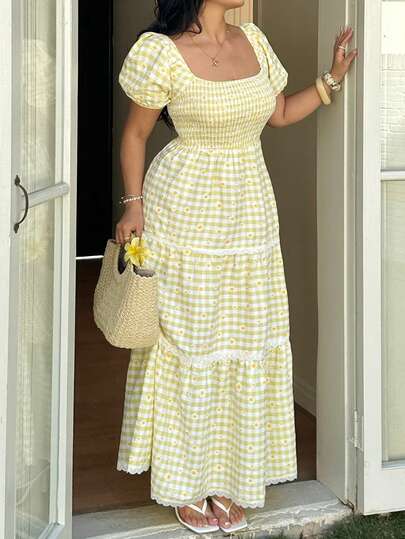 Sunnyshic 大码格子印花方领休闲甜美短袖连衣裙