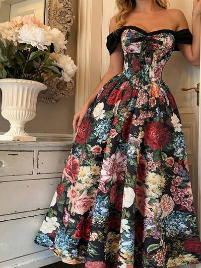 Skyraze Vestido de mujer con estampado floral y hombros descubiertos