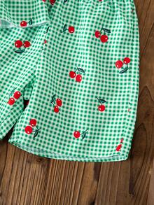 Young Girl Plaid & Cherry Print Ruffle Hem Sleeveless T-Shirt And Shorts Set - Green - View 8