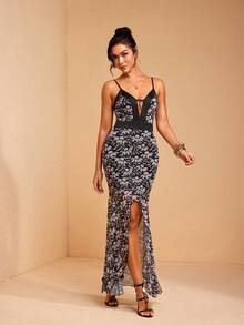 JIAN LASALA All-Over Print Mesh Spaghetti Straps Deep Neckline Contrast Binding Bodycon Mullet Women Dress - Multicolor - View 4