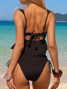 Swim Vcay Women's Solid Color Lining Fabric Lace Trim Camisole & Bikini Set, Suitable For Summer Beach & Vacation - Black - View 2