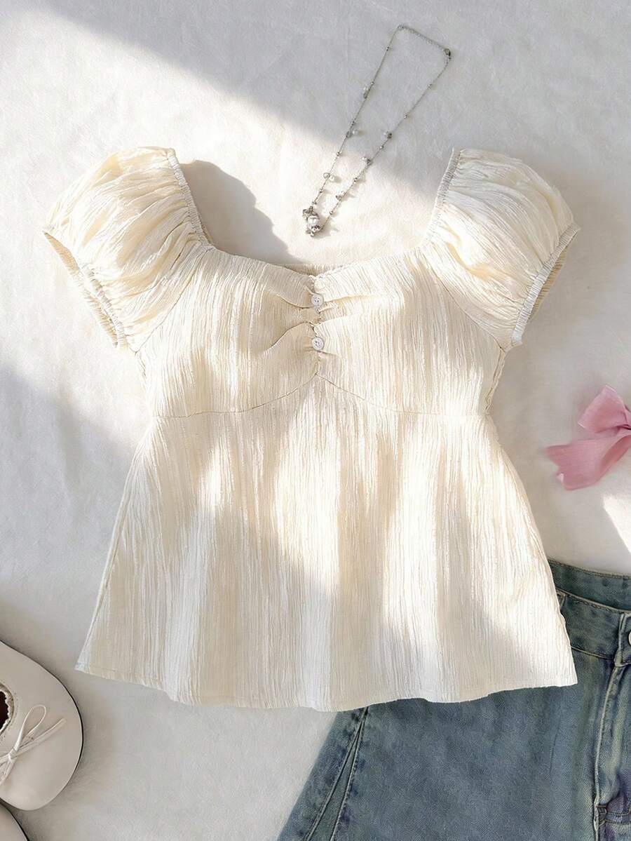 SHEIN 少女纯色甜心领插肩短袖荷叶边可爱上衣 - 杏色 - 查看 1