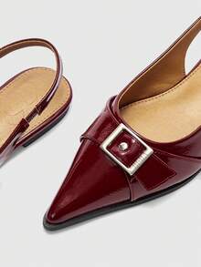 CUCCOO BIZCHIC Pointed Toe Patent Leather Mule Shoes, Suitable For Commuting And French Chic Style, Featuring Metal Buckle Accent For Luxe Touch - Burgundy - View 7