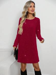 EMERY ROSE 女士时尚通勤闪亮迷你连衣裙 - 酒紅色 - 查看 3