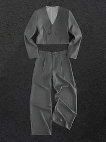 GENTILAND Men's Double-Breasted Long Sleeve Suit Jacket And Pants Casual Set