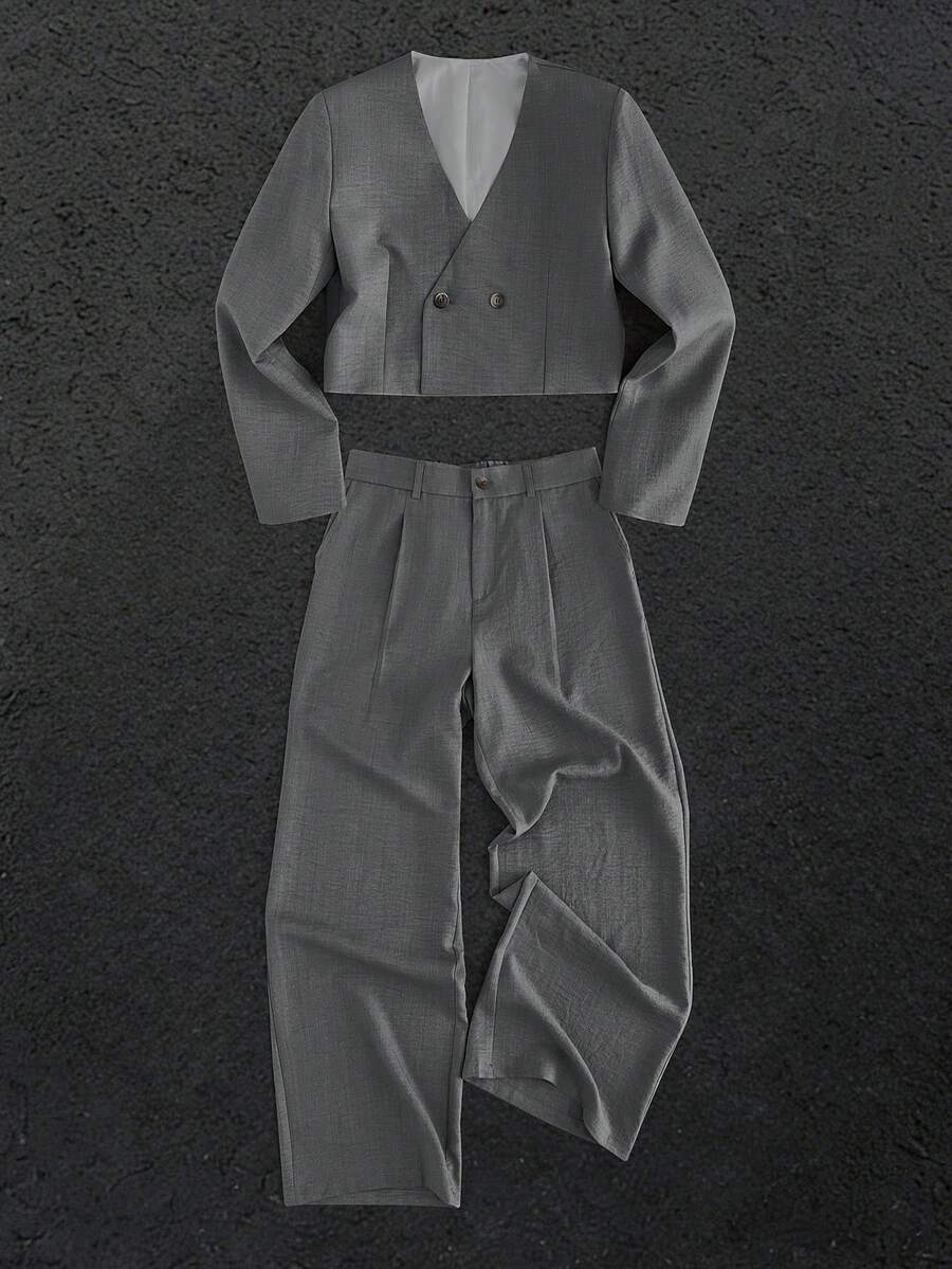 GENTILAND 男士双排扣长袖西装外套和裤子休闲套装