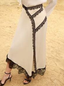 Modelyn Women's Apricot Woven Lace Trim Hem Elegant A-Line Skirt, Spring/Summer - Apricot - View 1