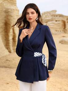 Modelyn Women's Spring/Summer Navy Blue Woven Herringbone Padded Shoulder Cinched Waist Long Sleeve Polka Dot Scarf Tie A-Line Elegant Blazer - Blue - View 1