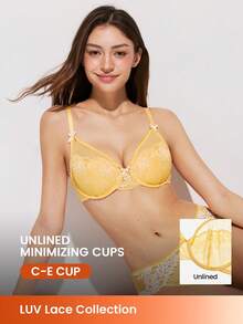 LUVLETTE Soft Woman Lingerie Breathable Underwire Sexy Unlined Minimizer Yellow Floral Lace & Sheer Mesh Bra