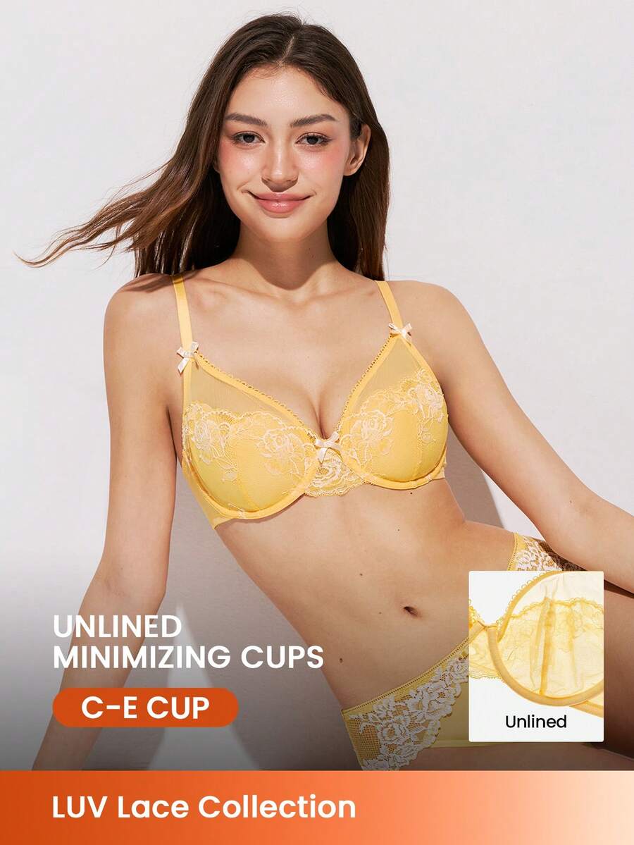 LUVLETTE Soft Woman Lingerie Breathable Underwire Sexy Unlined Minimizer Yellow Floral Lace & Sheer Mesh Bra