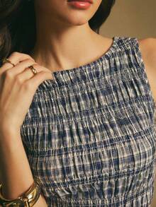 Poéselle Women's Vacation Pleated Plaid Ruffle Hem Fashionable Camisole - Blue - View 5