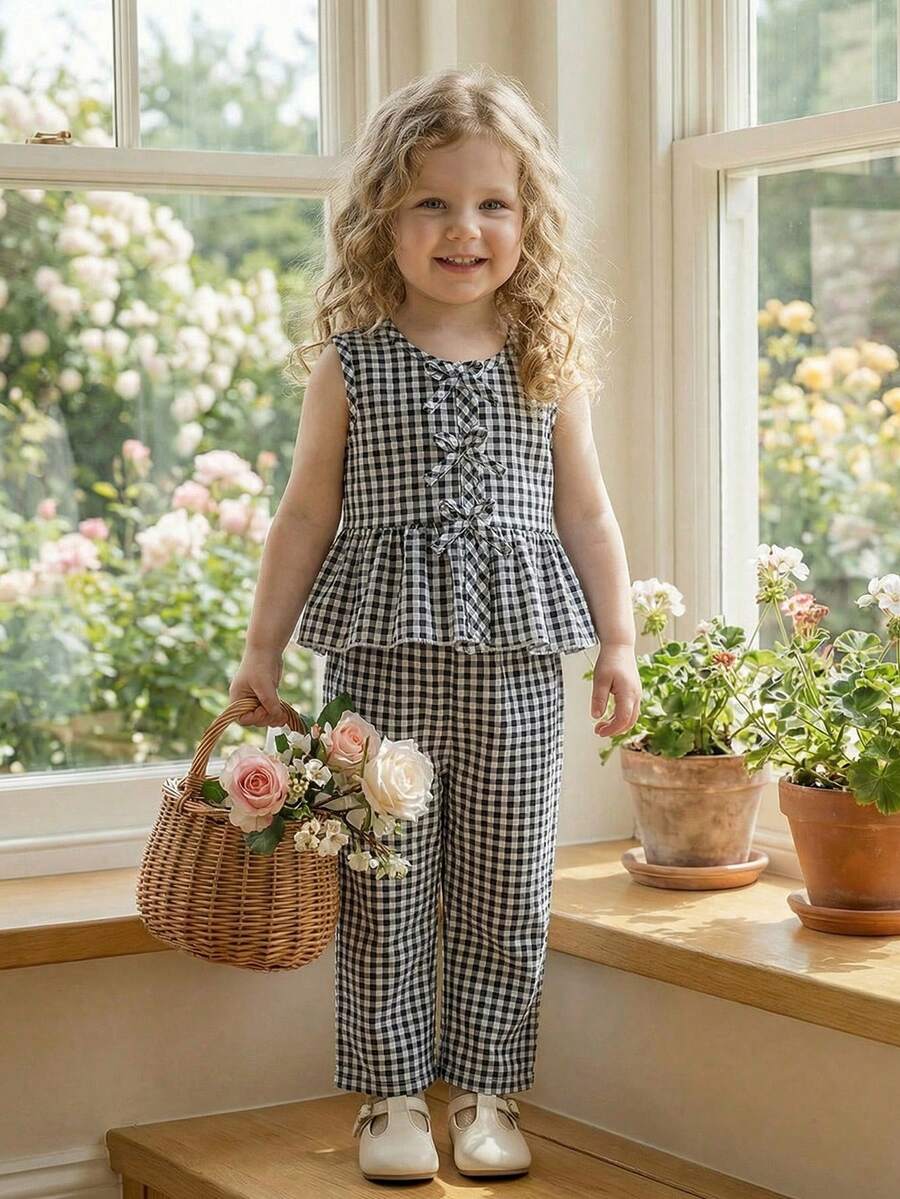 Souflis Souflis 2pcs Baby Girls Toddler/Newborn 0-3Y Black & White Plaid Casual Sweet Daily Vacation Woven Sleeveless Top & Wide Leg Pants 2 Pieces Set - Black and White - View 1