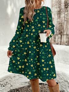EMERY ROSE St. Patrick's Day Casual Minimalist Ditsy Floral Pattern Loose Fit Round Neck Plus Size Dress, Suitable For Spring And Summer Spring - Multicolor - View 3