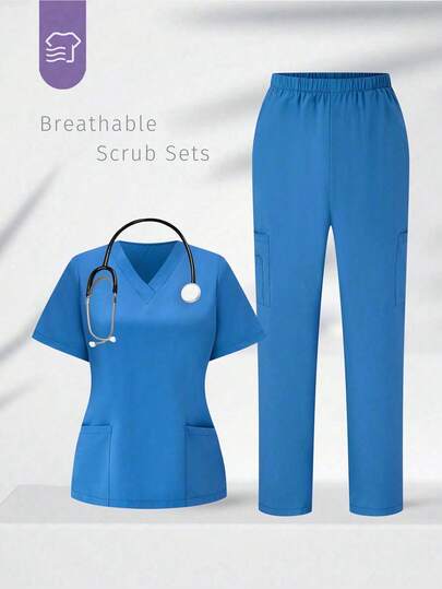 TaskEZ Scrubs Set: V-Neck Short Sleeve Top & Pants Scrub Uniform For Healthcare Workers