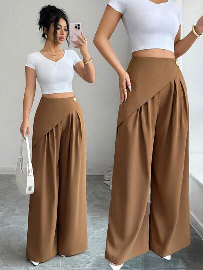Elenzga Women's Solid Color High-Waisted Wide Leg Pants With Metal Buckle Decor, Pleated Side Pockets, Loose Fit Casual Chic Trousers, Elegant French Retro Style, Suitable For Office, Commute, Business, Casual, Beach, Daily Wear, Spring/Summer