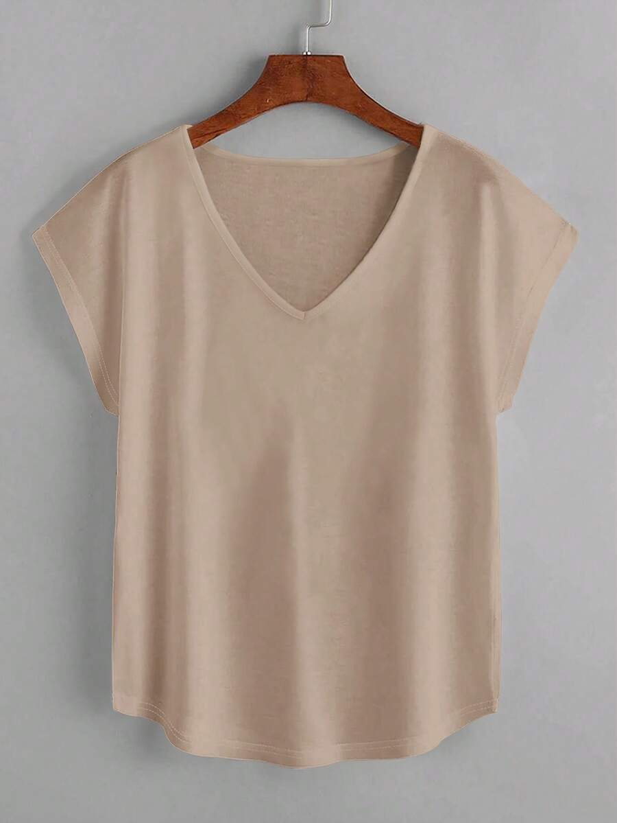 EMERY ROSE Women's Solid Color V-Neck Casual Loose Fit Short Sleeve T-Shirt - Khaki - View 1