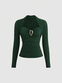 Sweetra Plus Size Women's Solid Color Metal Decor Sweetheart Neck Long Sleeve Fitted T-Shirt - Dark Green - View 1