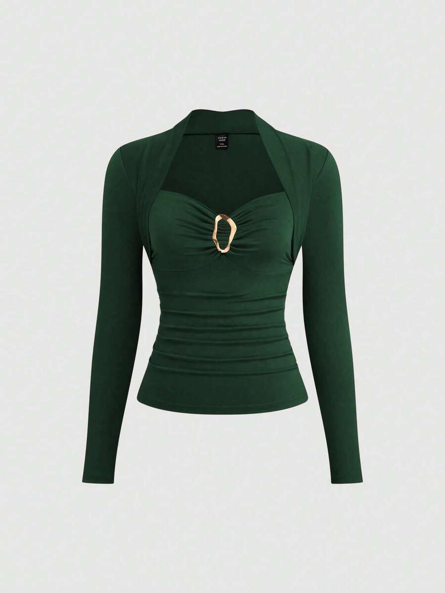 Sweetra Plus Size Women's Solid Color Metal Decor Sweetheart Neck Long Sleeve Fitted T-Shirt - Dark Green - View 1