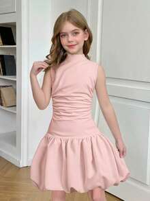 SHEIN Đầm Nova Glow dành cho bé gái tuổi teen, màu hồng trơn, cổ đứng, kiểu dáng thanh lịch, thích hợp cho tiệc độc thân phong cách Y2K, phù hợp mặc hàng ngày, đi học, tựu trường và tốt nghiệp. - Hồng - Xem 5