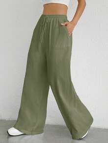 SHEIN EZwear 女士梭织休闲阔腿裤，春夏款 - 軍綠色 - 查看 6