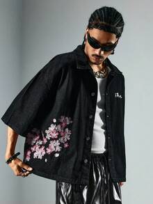 ROMWE MEN Street Life 男士花卉刺绣装饰休闲翻领单排扣牛仔短袖衬衫，适合日常穿着 - 黑色 - 查看 5