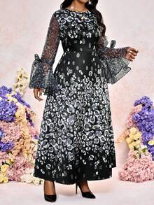 Fleurora Plus Size Elegant Black Leopard Print Round Neck A Line Dress,Flare Sleeve Waist Cinched Autumn Formal Traditional Evening Wedding Guest Midi Dress - Black and White - View 5