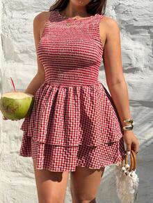 Sunnyshic Fashionable Minimalist Spring/Summer New Versatile Round Neck Red Plaid Gentle Elegant Fitted Waist Sleeveless Dress - Red - View 4