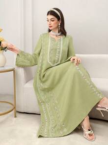 Yasmyna Fashionable Casual Loose Round Neck Embroidered Flared Long Sleeve Elegant Women Dress - Multicolor - View 2