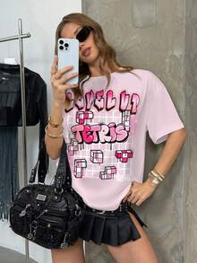 Tetris™ X SHEIN Áo thun nữ cổ tròn, vai rớt, in chữ, kiểu dáng thường ngày, thích hợp cho mùa hè. - trắng - Xem 4