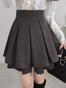 FRIFUL Women's Black Solid High Waist Pleated Short Casual Versatile Slim Fit Mini Skirt, Autumn/Winter - Grey - View 4