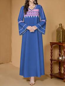 SHEIN Najma Women's Wavy Floral Retro Print V-Neck Long Sleeve Elegant Arabic Style Maxi Dress, Spring/Summer - Multicolor - View 4