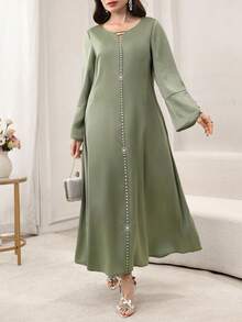 SHEIN Najma Elegant V-Neck Flare Sleeve Ruffle Hem Dress, Spring/Summer - Green - View 6