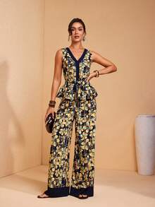 JIAN LASALA 花卉印花撞色拼接V领无袖松紧腰阔腿女式荷叶边连体裤 - 彩色 - 查看 5