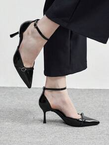 CUCCOO BIZCHIC Black Pointed Toe Stiletto Ankle Strap Women's High Heel Pumps, Hollow Out Sexy Dress Shoes For Work, Party, Event Valentine's Day - Black - View 4