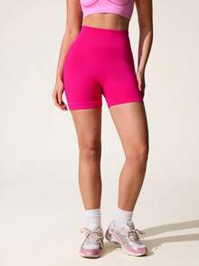 SHEIN Sovereign Charm Shorts deportivos y de yoga sin costuras y acanalados para mujer - Rosa Fucsia - Ver 7