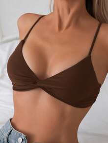 Swim Basics 女士纯色扭结前襟性感比基尼上衣 - 棕色 - 查看 4