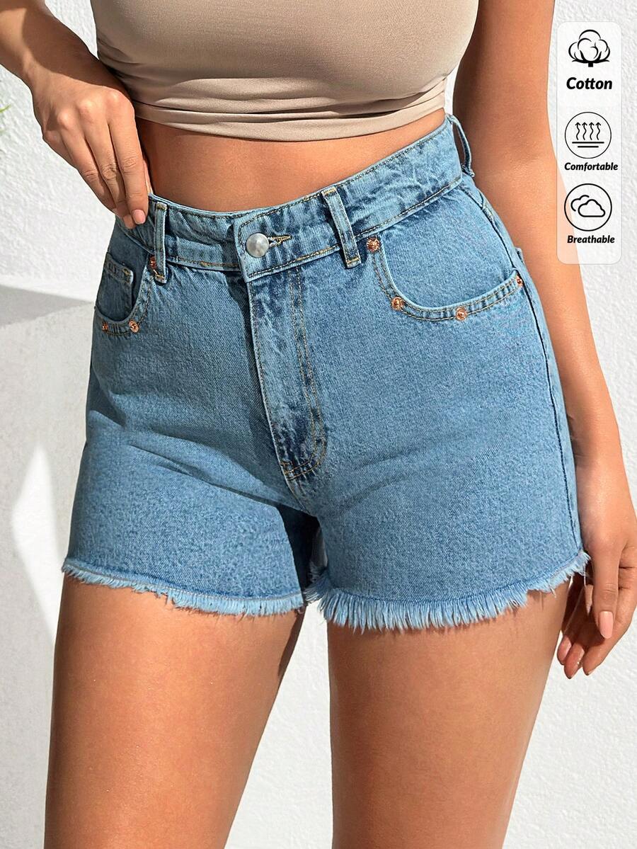 EURMUSE Pantalones cortos vaqueros de tiro alto con dobladillo deshilachado, estilo minimalista para uso casual/diario y vacaciones, 100% algodón - Lavado ligero - Ver 1