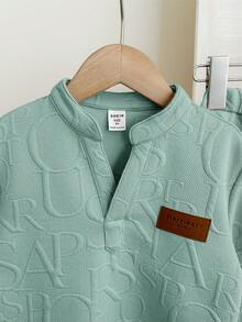 SHEIN 两件套男童休闲校服套装，包括V领短袖T恤和直筒针织裤 - 薄荷綠 - 查看 7