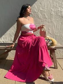 Sunnyshic Set de 2 piezas con top tubo y falda maxi con estampado floral rosa de moda para verano, conjunto de playa - Rosa - Ver 3