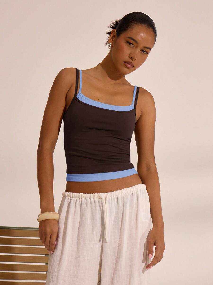 MUSERA 双层吊带方领吊带背心，度假波西米亚风，伊比沙岛风情，优雅可爱，春夏复活节假期机场休闲风。 - 藍色 - 查看 1