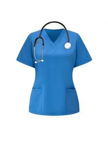 TaskEZ Conjunto de uniformes médicos: Parte superior de cuello en V de manga corta y pantalones para trabajadores de la salud - lago azul - Ver 5