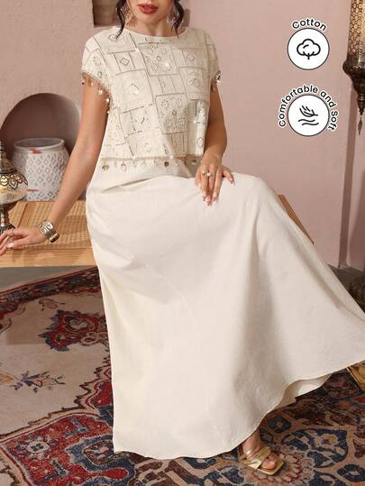 SHEIN Najma Vestido árabe para mujer con cuello redondo, manga corta, bordado de perlas, parche, cinta y dobladillo acampanado
