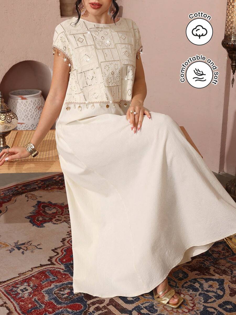 SHEIN Najma Round Neck Short Sleeve Pearl Embroidered Patchwork Shell Tape Flared Hem Arabic Style Dress For Women