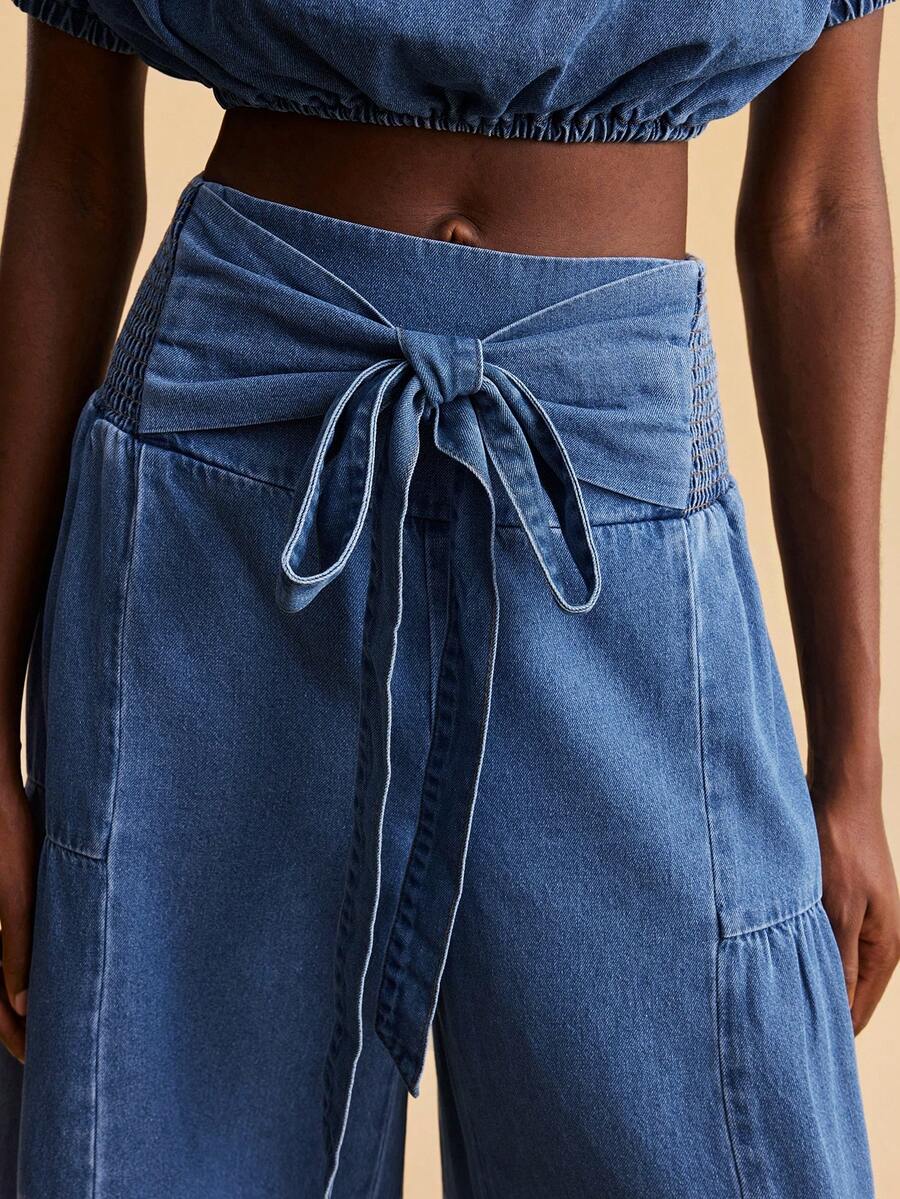 Travachic Women's Knotted Waist Ruffle Hem Loose Casual Jeans - Medium Wash - View 1