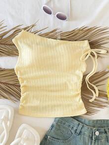 SHEIN 少女纯色扭结不对称领休闲T恤 - 黃色 - 查看 1